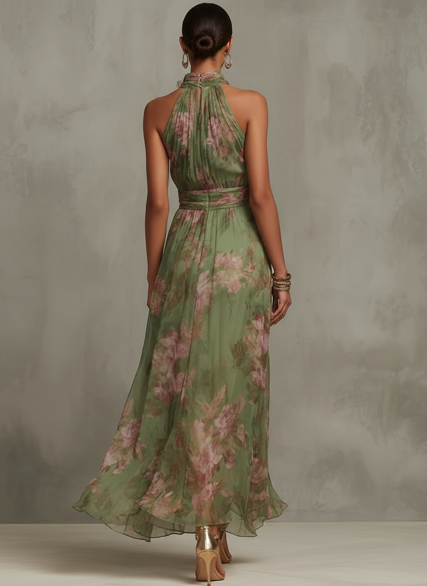 Serena — Vestido Maxi Halter de Gasa Floral Elegante