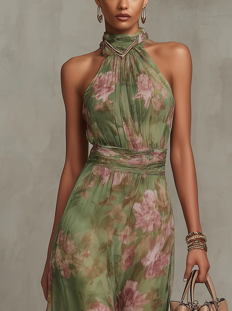 Serena — Vestido Maxi Halter de Gasa Floral Elegante