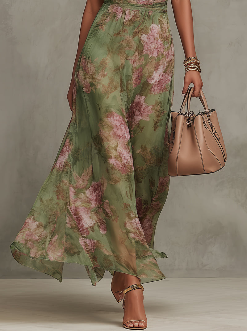 Serena — Vestido Maxi Halter de Gasa Floral Elegante