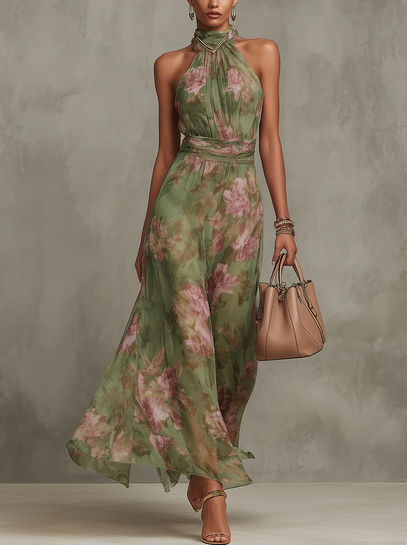 Serena — Vestido Maxi Halter de Gasa Floral Elegante