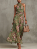 Serena — Vestido Maxi Halter de Gasa Floral Elegante