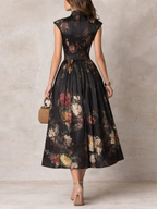 Violetta - Vestido Midi Negro de Satén Plisado con Estampado Floral y Cuello de Ojo de Cerradura