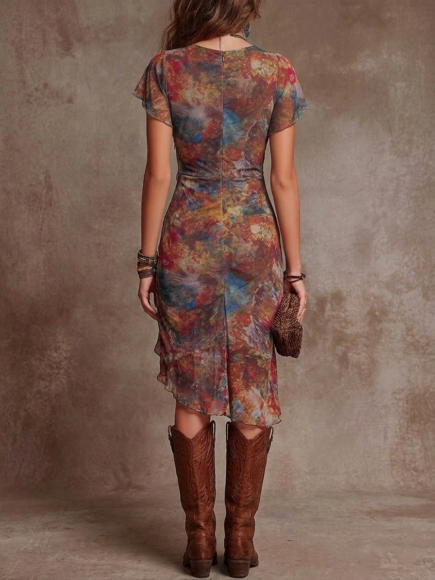 Martina - Vestido Midi Plisado con Escote V y Estampado de Arte Abstracto Bohemio