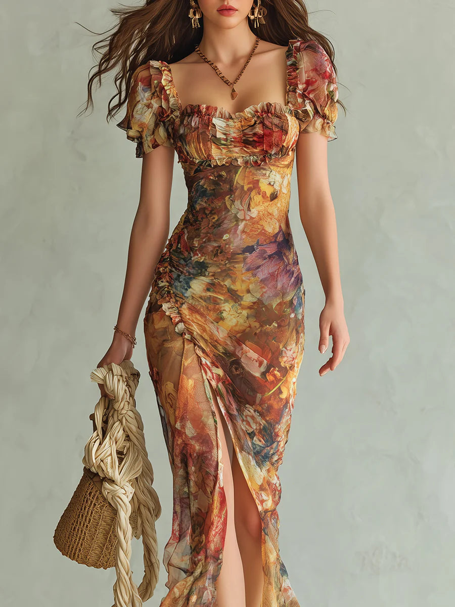 Danae & Melina - Vestido Maxi en Chifón Naranja Bohemio con Estampado Pintura al Óleo