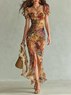 Danae & Melina - Vestido Maxi en Chifón Naranja Bohemio con Estampado Pintura al Óleo