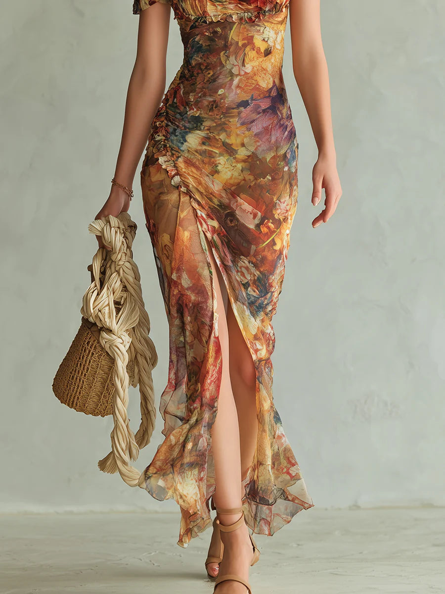 Danae & Melina - Vestido Maxi en Chifón Naranja Bohemio con Estampado Pintura al Óleo