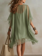 Danae & Melina - Vestido Mini Fluido en Chifón Verde con Escote en V