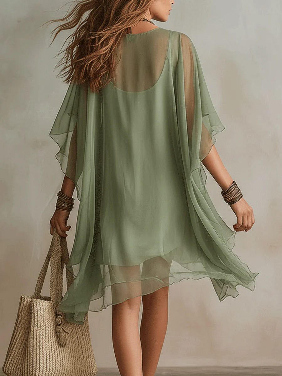 Danae & Melina - Vestido Mini Fluido en Chifón Verde con Escote en V