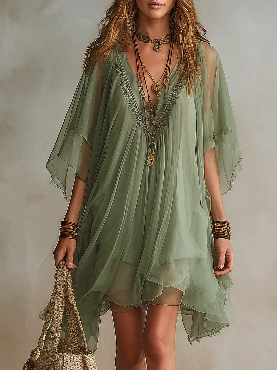 Danae & Melina - Vestido Mini Fluido en Chifón Verde con Escote en V