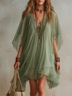 Danae & Melina - Vestido Mini Fluido en Chifón Verde con Escote en V