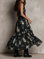 Danae & Melina - Vestido Maxi Sin Tirantes Irregular con Estampado Floral Bohemio Negro