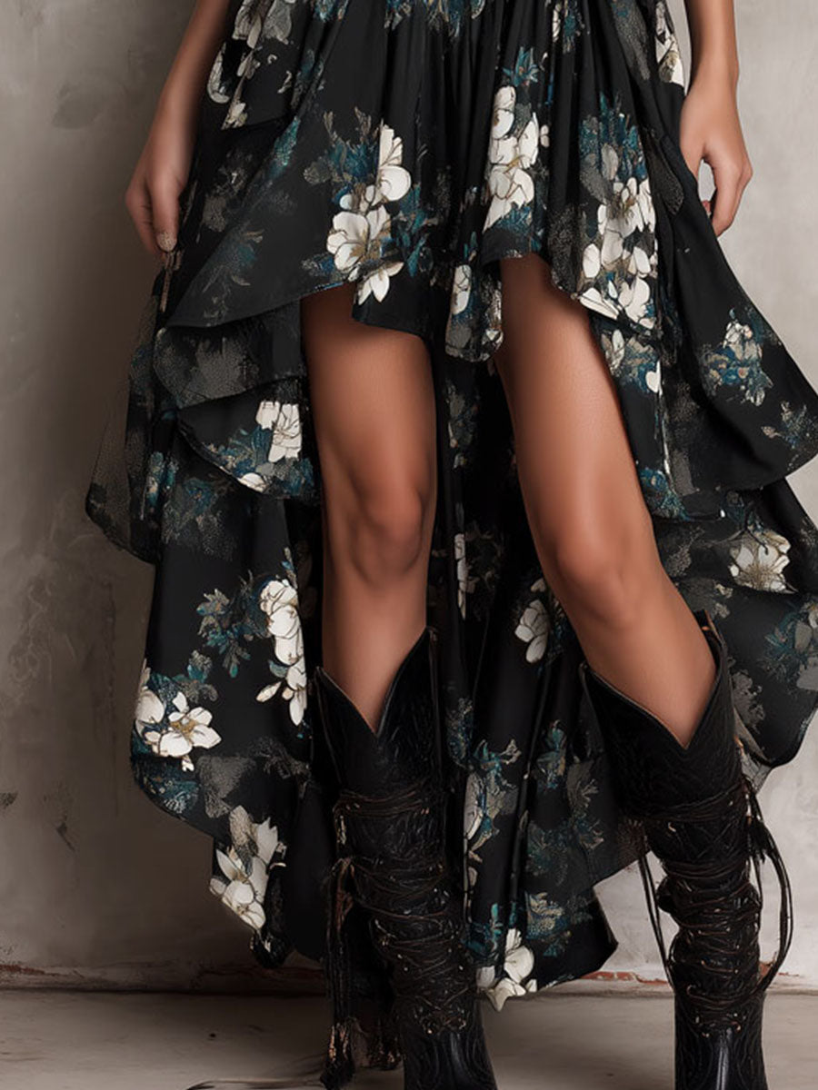 Danae & Melina - Vestido Maxi Sin Tirantes Irregular con Estampado Floral Bohemio Negro