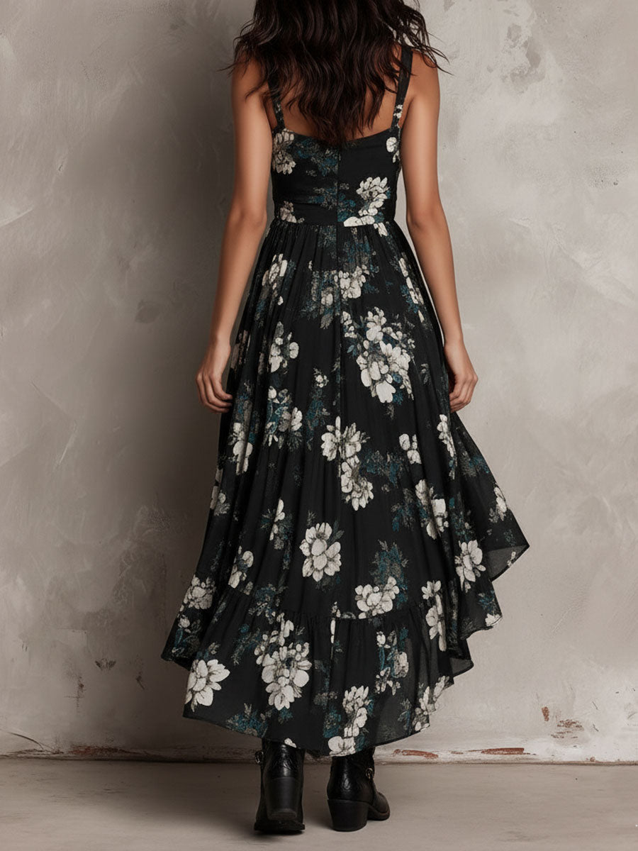 Danae & Melina - Vestido Maxi Sin Tirantes Irregular con Estampado Floral Bohemio Negro