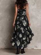 Danae & Melina - Vestido Maxi Sin Tirantes Irregular con Estampado Floral Bohemio Negro