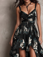 Danae & Melina - Vestido Maxi Sin Tirantes Irregular con Estampado Floral Bohemio Negro