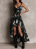 Danae & Melina - Vestido Maxi Sin Tirantes Irregular con Estampado Floral Bohemio Negro