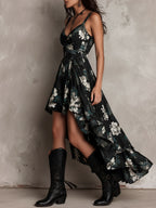Danae & Melina - Vestido Maxi Sin Tirantes Irregular con Estampado Floral Bohemio Negro