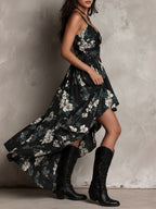 Danae & Melina - Vestido Maxi Sin Tirantes Irregular con Estampado Floral Bohemio Negro