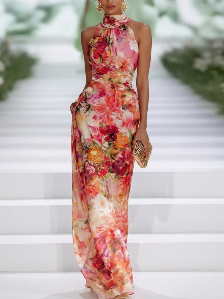 Danae & Melina - Vestido Maxi Sin Mangas en Chifón Rojo con Escote Halter