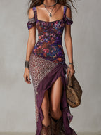 Danae & Melina - Vestido Maxi Estilo Urbano Nómada con Estampado Leopardo y Flores Cuello Alto
