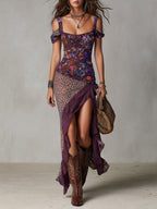 Danae & Melina - Vestido Maxi Estilo Urbano Nómada con Estampado Leopardo y Flores Cuello Alto