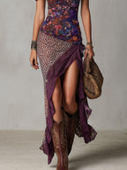 Danae & Melina - Vestido Maxi Estilo Urbano Nómada con Estampado Leopardo y Flores Cuello Alto