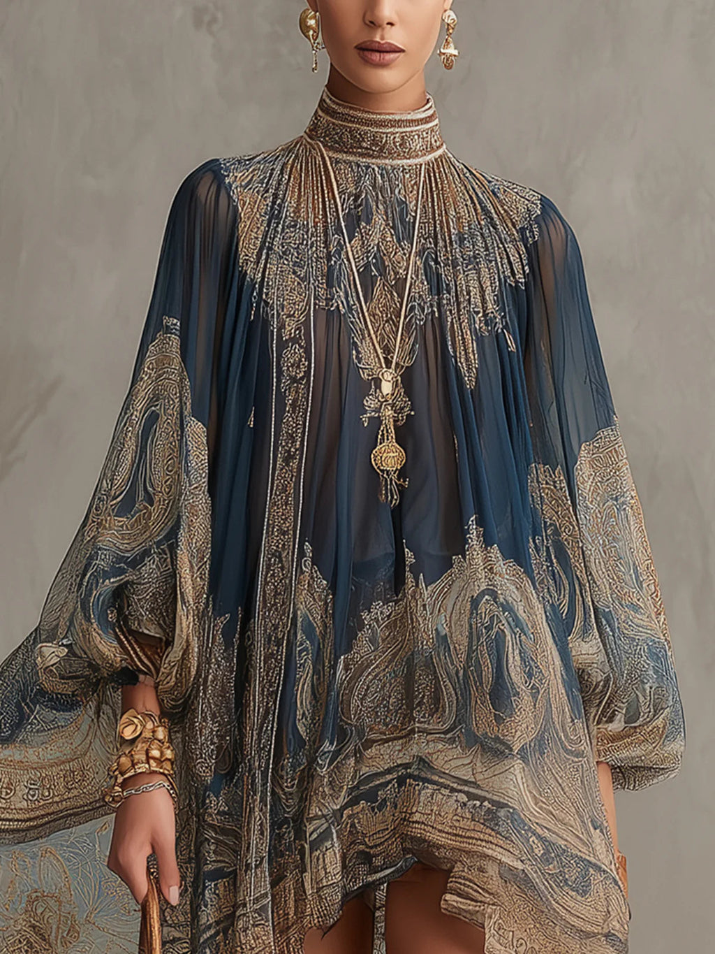 Danae & Melina - Vestido Mini en Chifón Irregular Cuello Alto con Estampado Barroco Azul Marino