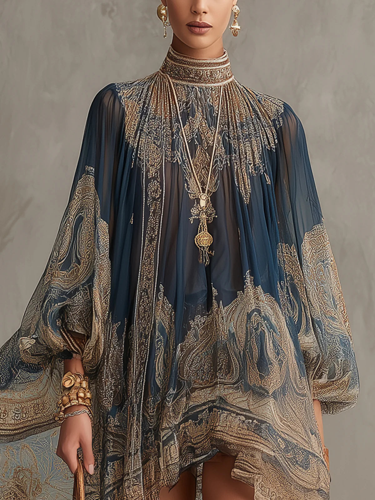 Danae & Melina - Vestido Mini en Chifón Irregular Cuello Alto con Estampado Barroco Azul Marino