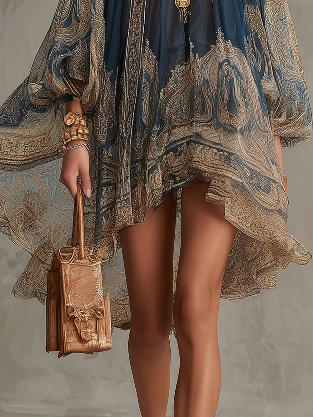 Danae & Melina - Vestido Mini en Chifón Irregular Cuello Alto con Estampado Barroco Azul Marino