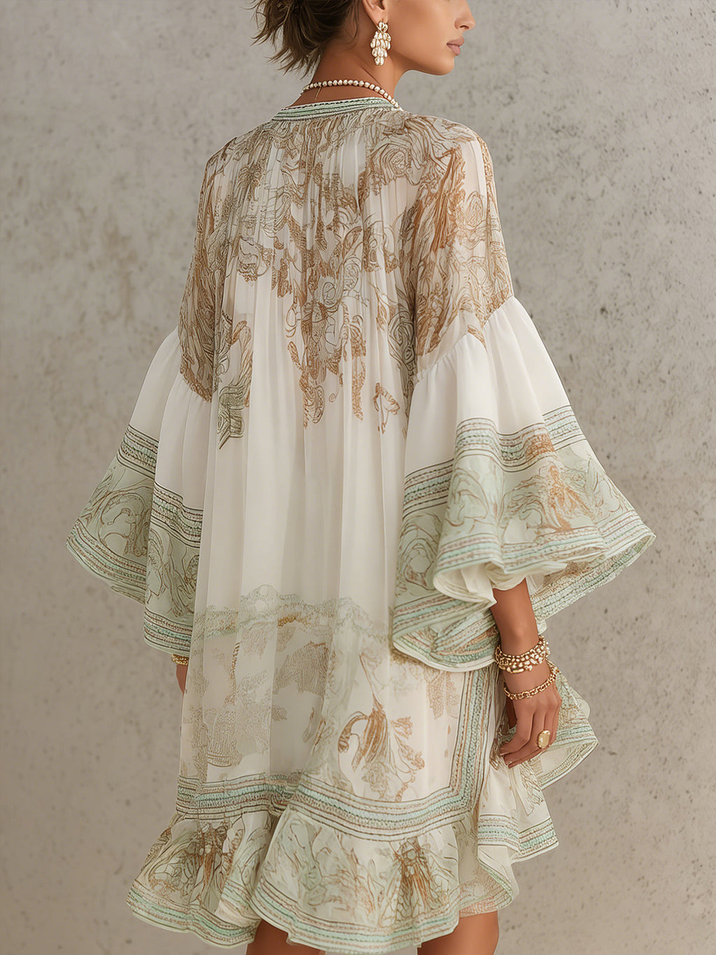 Danae & Melina - Vestido Mini en Chifón con Rayas y Mangas con Volantes Verde