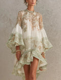 Danae & Melina - Vestido Mini en Chifón con Rayas y Mangas con Volantes Verde