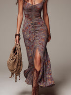 Danae & Melina - Vestido Maxi Floral Plisado Gris Púrpura