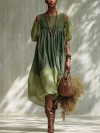 Danae & Melina - Vestido Midi en Chifón Verde con Hombros Descubiertos y Mangas Cortas