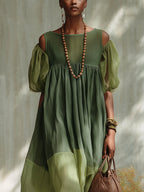 Danae & Melina - Vestido Midi en Chifón Verde con Hombros Descubiertos y Mangas Cortas