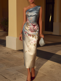 Danae & Melina - Vestido Midi en Satén con Estampado Floral de Hombro Descubierto