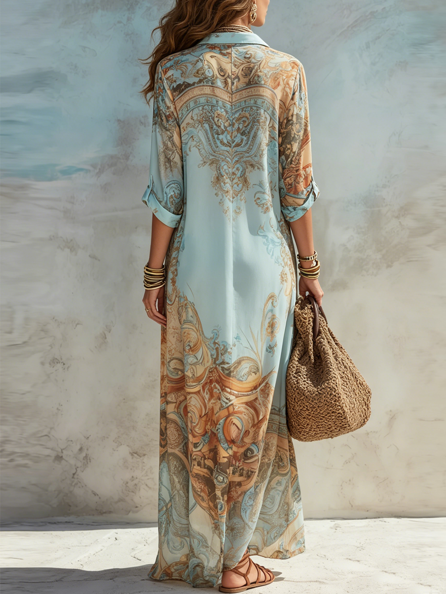 Danae & Melina - Vestido Maxi Azul con Estampado Floral