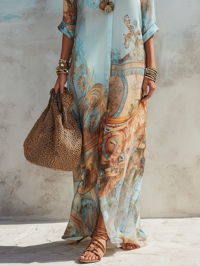 Danae & Melina - Vestido Maxi Azul con Estampado Floral