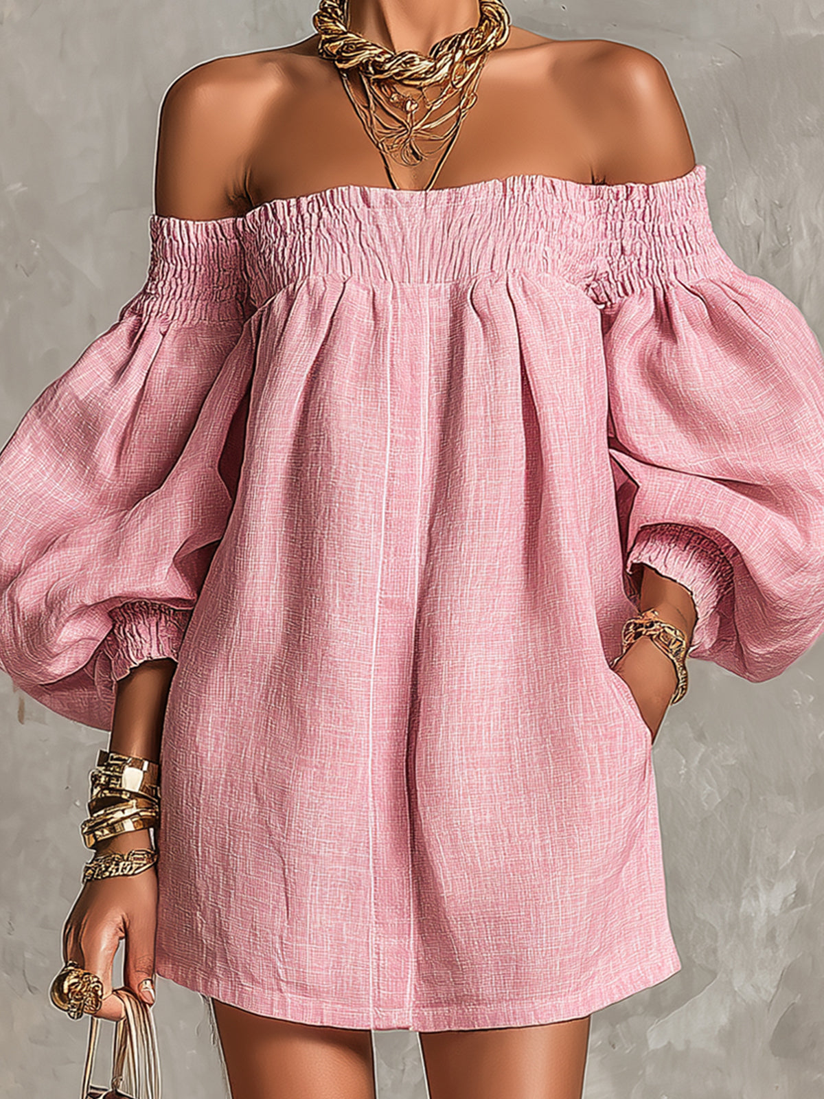 Βιολέτ | Robe Mini Trapèze Rose à Manches Lanterne et Épaules Dénudées