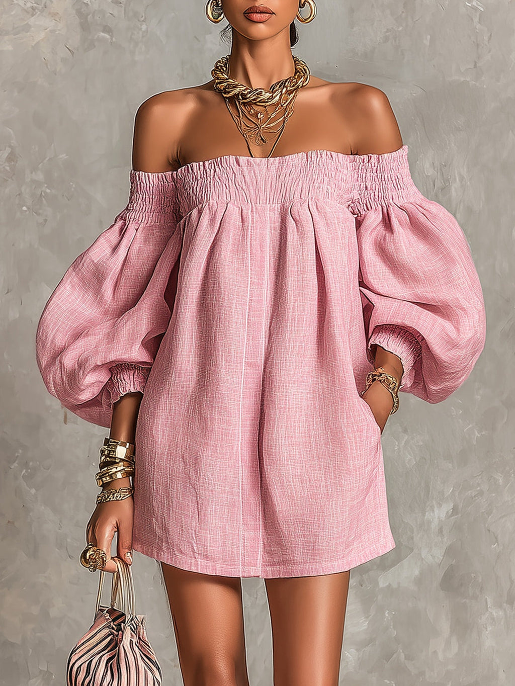 Βιολέτ | Robe Mini Trapèze Rose à Manches Lanterne et Épaules Dénudées