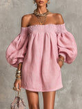 Βιολέτ | Robe Mini Trapèze Rose à Manches Lanterne et Épaules Dénudées