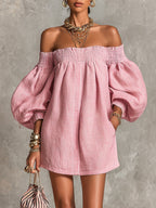 Βιολέτ | Robe Mini Trapèze Rose à Manches Lanterne et Épaules Dénudées