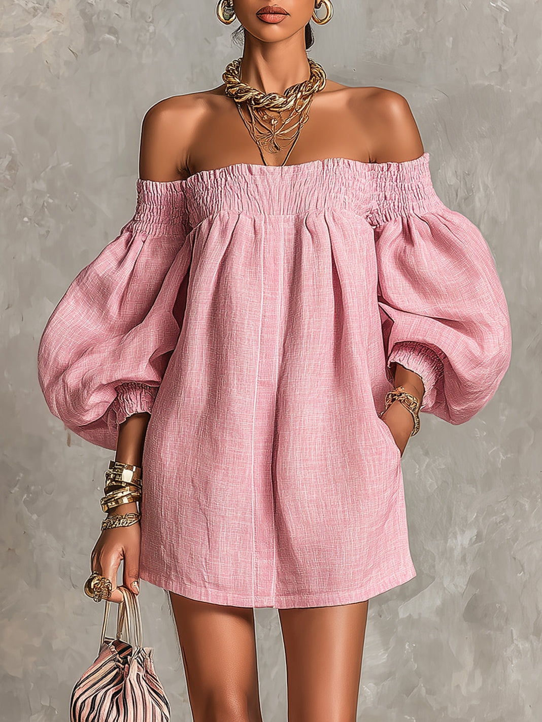 Βιολέτ | Robe Mini Trapèze Rose à Manches Lanterne et Épaules Dénudées