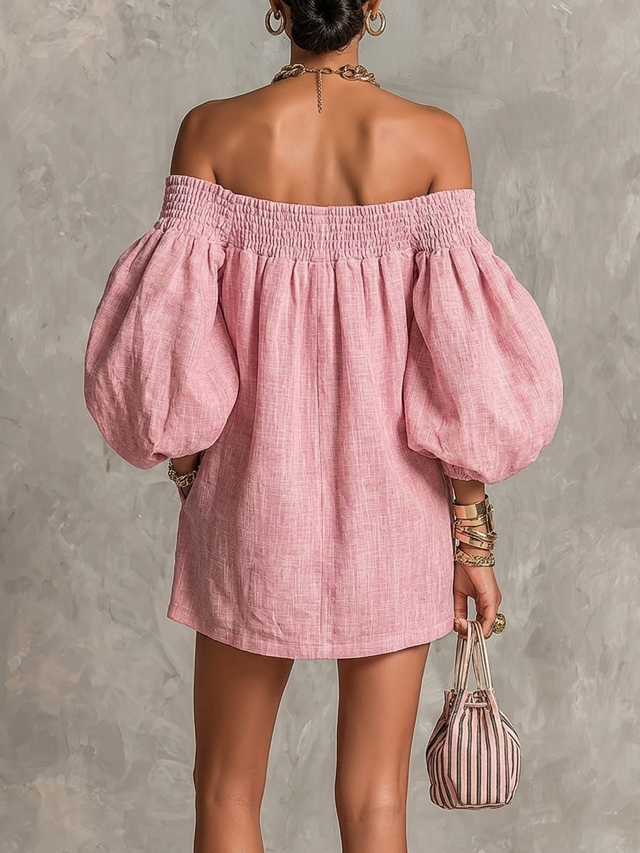 Βιολέτ | Robe Mini Trapèze Rose à Manches Lanterne et Épaules Dénudées