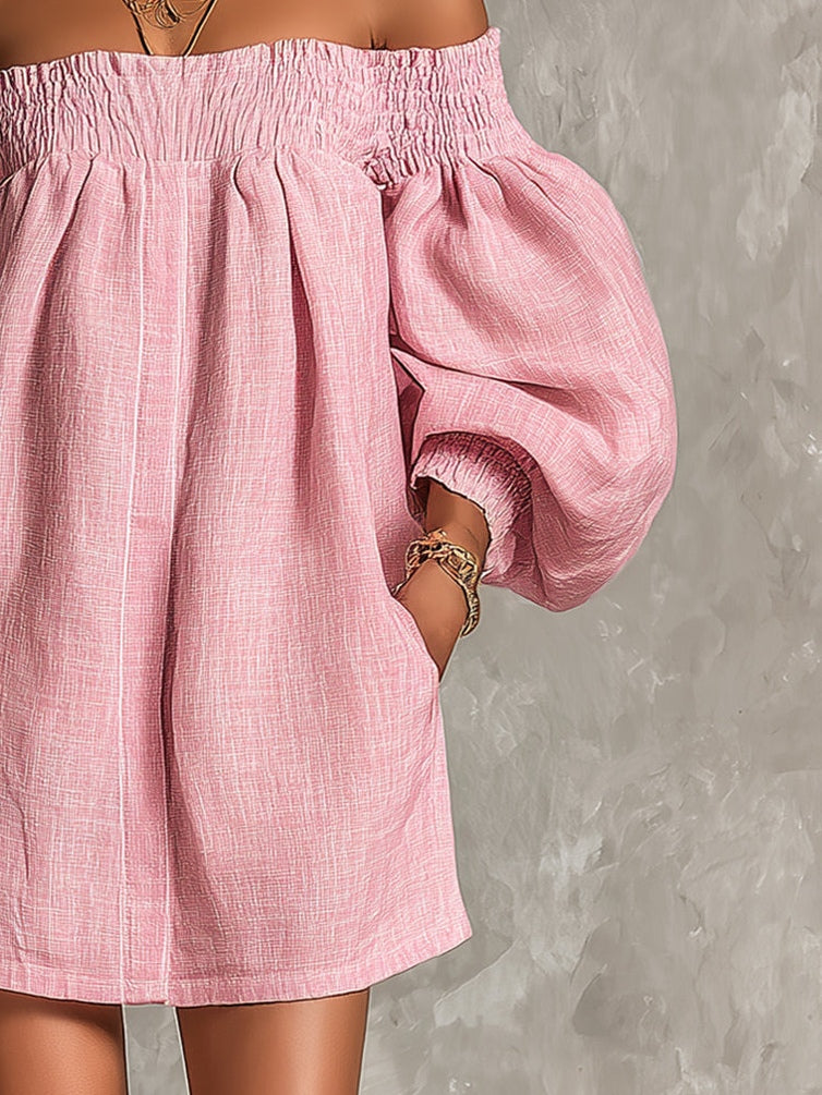 Βιολέτ | Robe Mini Trapèze Rose à Manches Lanterne et Épaules Dénudées
