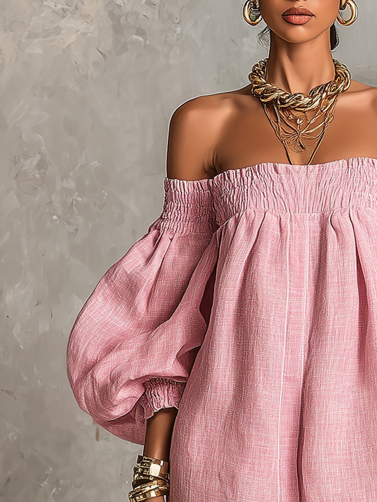 Βιολέτ | Robe Mini Trapèze Rose à Manches Lanterne et Épaules Dénudées