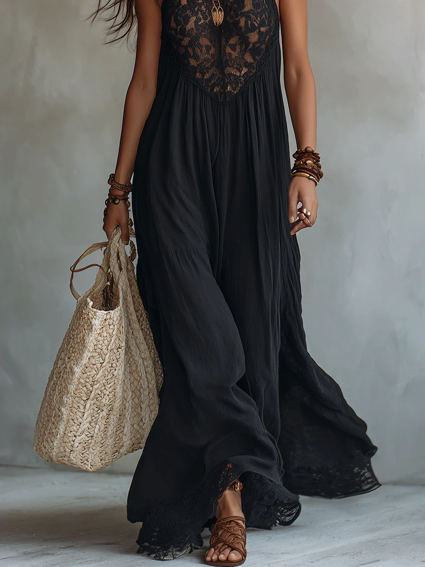 Danae & Melina - Vestido Maxi Negro Sin Mangas con Encaje Bohemio