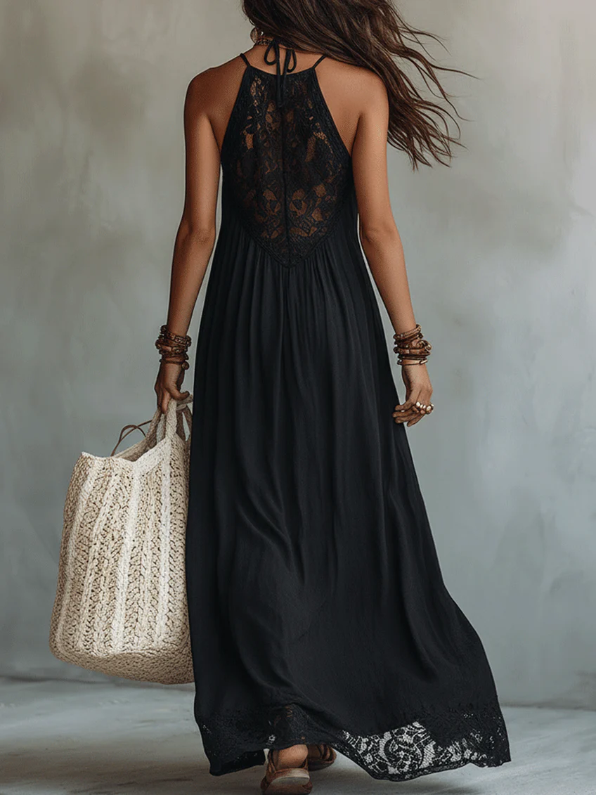 Danae & Melina - Vestido Maxi Negro Sin Mangas con Encaje Bohemio