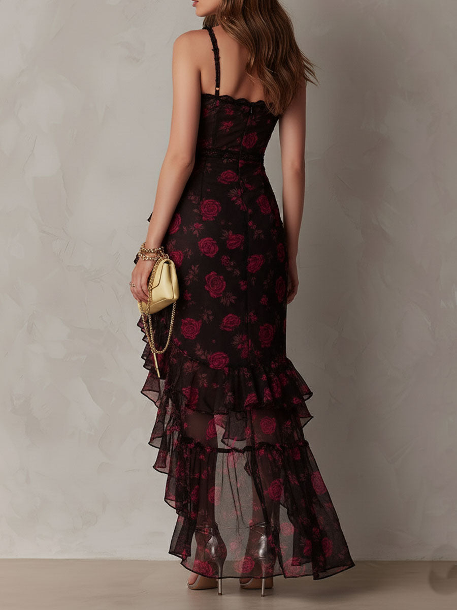 Danae & Melina - Vestido Chic Negro y Rojo con Flores y Volantes en el Bajo