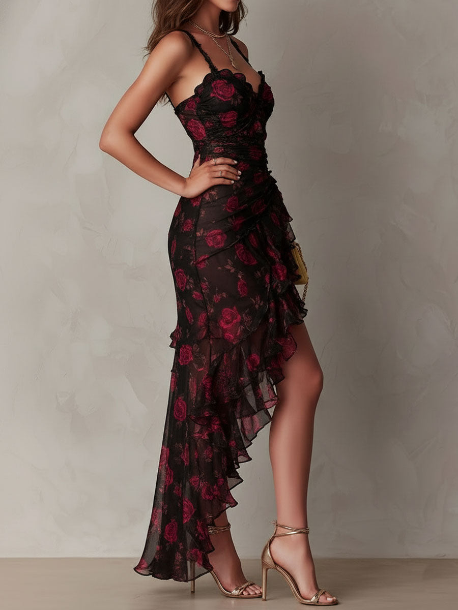 Danae & Melina - Vestido Chic Negro y Rojo con Flores y Volantes en el Bajo