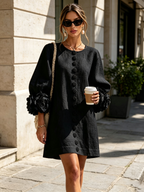 Σεσίλια | Μίνι φόρεμα από λινό μείγμα με μανσέτες με σχέδιο τριαντάφυλλου, Μαύρο